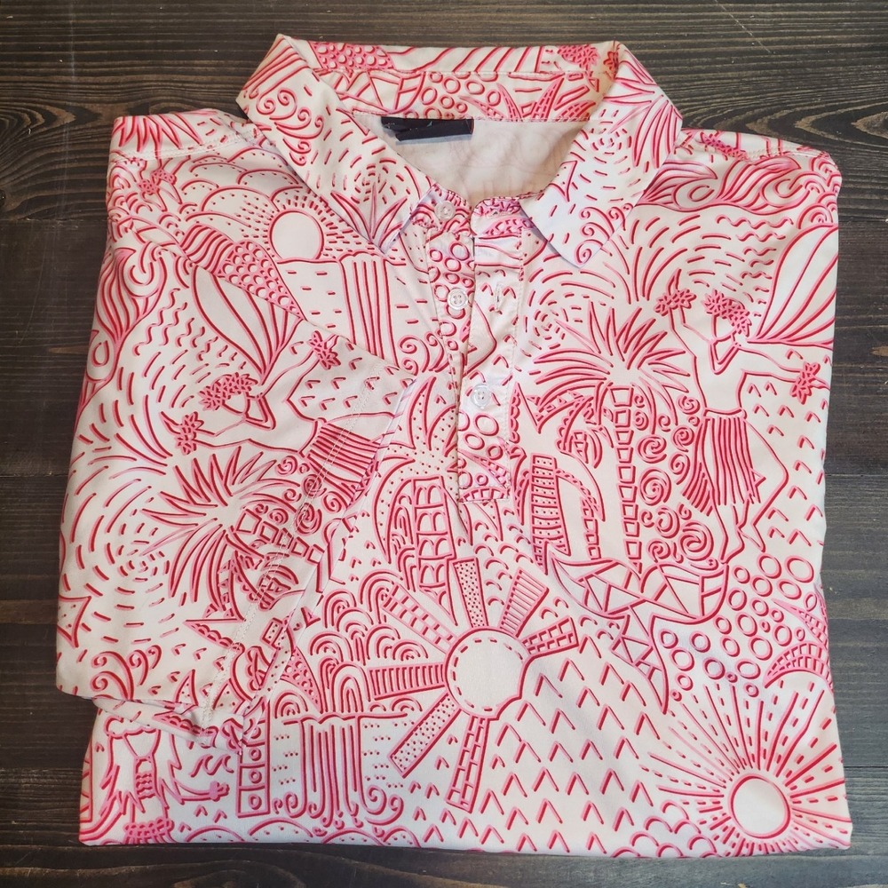 Yatta Golf Polo Men's Shaka Life Hawaiian Aloha Sun‎ Pink Red Stretch Polo XL
